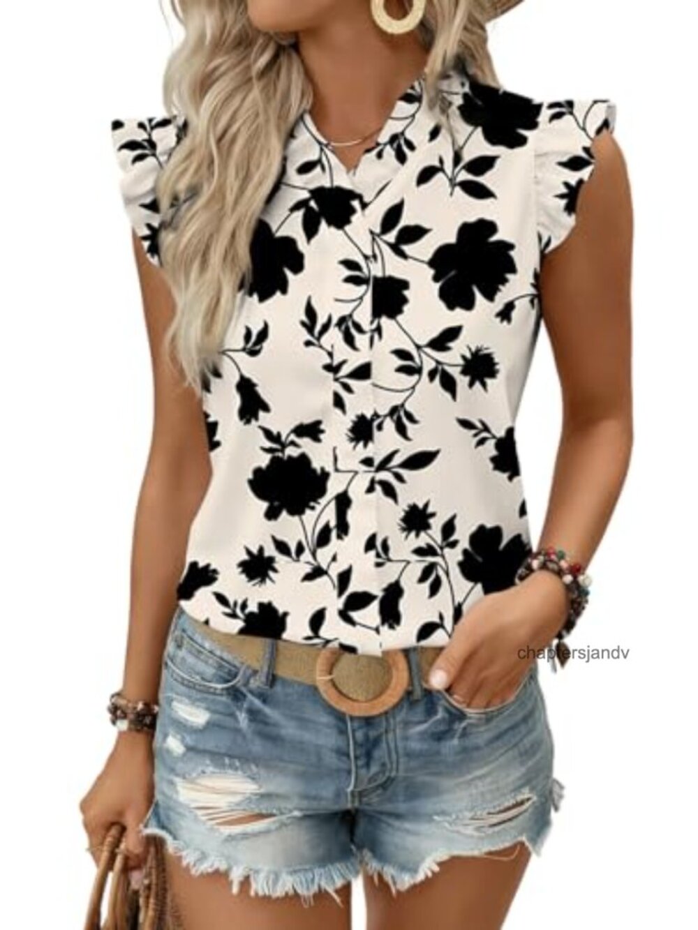 Women's Floral Chiffon Ruffle Sleeve Tank Top Blouse Boho V-Neck